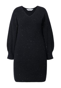 Schwarzes Strickkleid mit V-Ausschnitt, langen Puffärmeln und verstreuten metallischen Akzenten. Weicher Stoff, taillierte Silhouette und Oberschenkellänge.