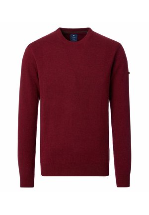 Bordowy sweter z długim rękawem i okrągłym dekoltem, z prążkowanymi ściągaczami na rękawach i u dołu, prezentowany na białym tle.