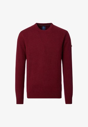 Vinrød crew neck-langærmet sweater med ribstrikkede manchetter og kant, vist på en hvid baggrund.