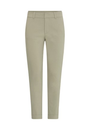 Pantalons ajustés vert clair en tissu lisse, dotés d'une coupe slim, de passants de ceinture et d'un ourlet à revers pour une finition élégante.