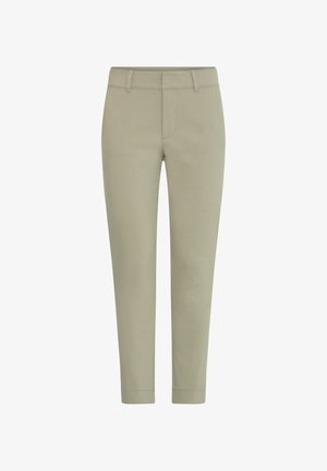 Light green tailored trousers made from smooth fabric, featuring a slim fit, belt loops, and a cuffed hem for a sleek finish.