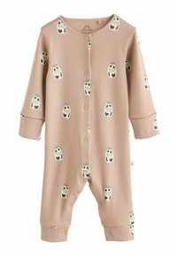 Beige randig babybody med långa ärmar, prydd med svartvitt mönster av mjölkflaskor, framtill med tryckknäppning och med smockade ärmslut.
