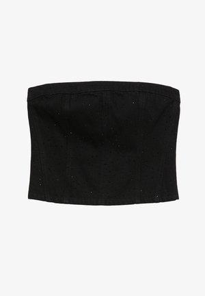 Black strapless corset top made of textured fabric with small perforations, featuring a fitted silhouette and a smooth finish.