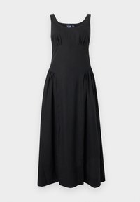 Μαύρο αμάνικο μάξι φόρεμα με βαθύ στρογγυλό ντεκολτέ και ρυτιδιασμένες λεπτομέρειες στο στήθος και τους γοφούς, κατασκευασμένο από ύφασμα με μείγμα λινό.