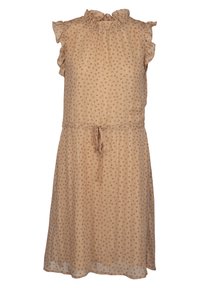 Kratký rukáv, šaty ke kolenům v světle béžové barvě s malými tmavými květinovými vzory. Obsahují volánový límec a zavázaný pas. Měkká, lehká tkanina.
