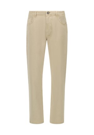 Chinos de algodón beige con un diseño de pierna recta, que presentan un cierre de botón, bolsillos delanteros y traseros, y costuras visibles a lo largo de las costuras.