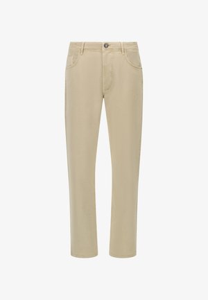 Beige Baumwollchinos mit geradem Bein, ausgestattet mit einem Knopfverschluss, Vorder- und Hintertaschen sowie sichtbaren Nähten entlang der Nähte.