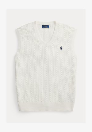 Pulover alb fără mâneci, tricotat cu model în relief, cu decolteu în V. Are modele texturate și un logo mic bleumarin pe piept.