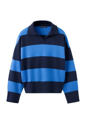 Maglione da rugby a maniche lunghe con ampie righe orizzontali in blu navy e blu brillante, con colletto e scollo a V.