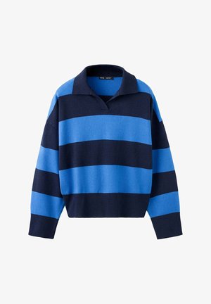 Suéter de rugby de manga larga con anchas rayas horizontales en azul marino y azul brillante, con cuello y abertura en forma de V.