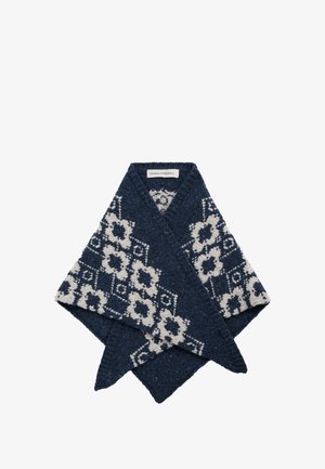 Sciarpa lavorata a maglia blu navy con motivi floreali color crema e dettagli geometrici; presenta una scollatura a V e una finitura testurizzata. Etichetta visibile.