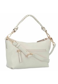 Borsa a tracolla in pelle bianca con manico intrecciato, dettagli in ottone dorato, tracolla regolabile e tasca frontale con zip.