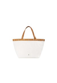 Canvas tas met een witte lichaamskleur en tan leren handvatten. Kenmerkt zich door een decoratieve tan leren band met zilveren studs aan de bovenkant.
