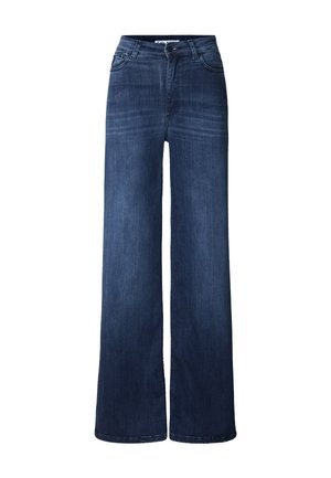 Vidbeinte jeans i mørkeblå denim. Har høyt liv, frontlommer og diskret falming. Rett snitt til kanten uten pynt.