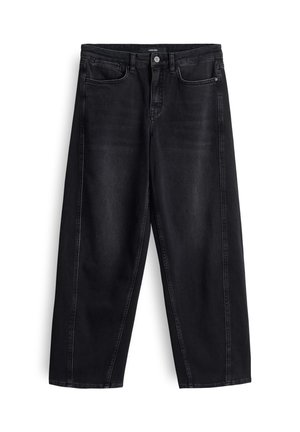 Zwarte denim broek met een losse pasvorm, voorzien van vijfzakken, een knoopsluiting en subtiele stikdetails. Middenhoge taille.