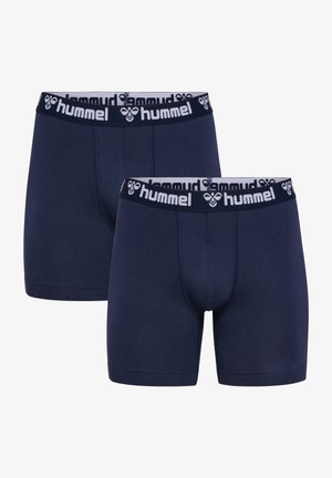 Due paia di boxer da uomo in blu navy, realizzati in tessuto morbido, con una vita elastica con logo e la scritta "hummel" in caratteri bianchi.
