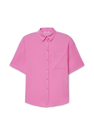 Camicia a maniche corte con bottoni in rosa acceso, con colletto classico e una tasca sul petto, realizzata in tessuto texturizzato.