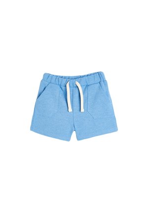 Shorts en coton bleu clair avec taille élastique à cordon, deux poches avant et finition texturée. Coupe courte adaptée à un style décontracté.