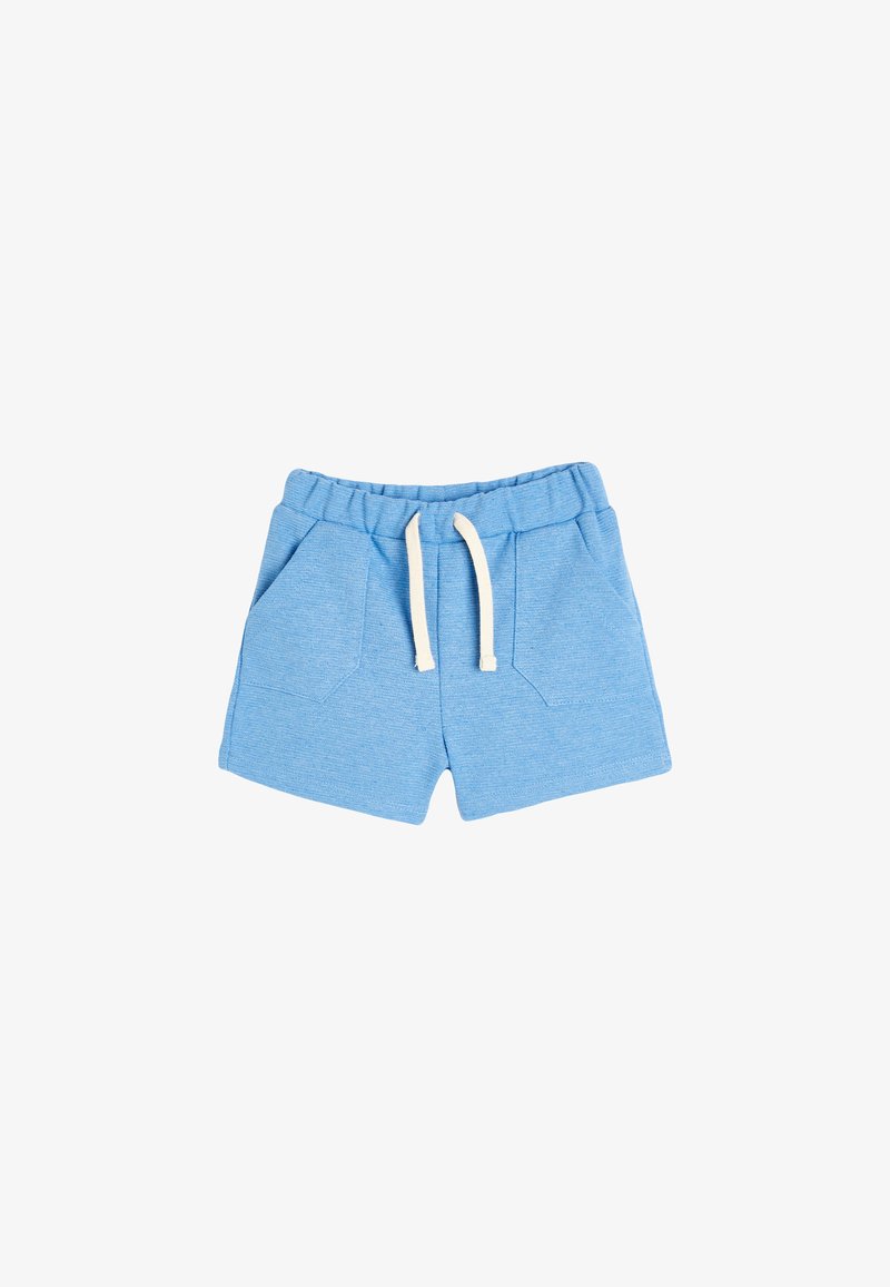 Pantalones cortos de algodón azul claro con cintura ajustable, dos bolsillos frontales y un acabado texturizado. Corte corto adecuado para uso casual.