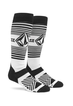 Knielange Socken in Schwarz und Weiß mit horizontalen Streifen, geometrischen Mustern und Logodetails. Hergestellt aus einer Mischung aus weichen, strapazierfähigen Materialien.