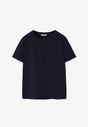 Marineblauw t-shirt met korte mouwen, gemaakt van katoen, met een textuur geborduurde bladdetail op de voorkant en een ronde halslijn.