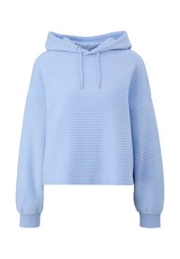 Jasnoniebieska krótka bluza z kapturem o pionowej, ryżowej strukturze, z regulowanym kapturem i elastycznymi mankietami. Prosty design z luźnym krojem.