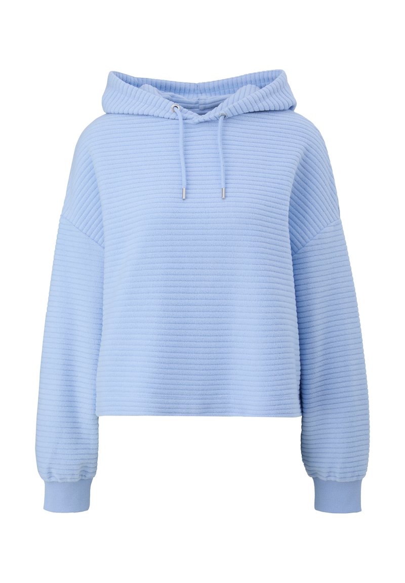 Jasnoniebieska krótka bluza z kapturem o pionowej, ryżowej strukturze, z regulowanym kapturem i elastycznymi mankietami. Prosty design z luźnym krojem.