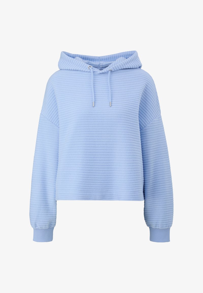 Jasnoniebieska krótka bluza z kapturem o pionowej, ryżowej strukturze, z regulowanym kapturem i elastycznymi mankietami. Prosty design z luźnym krojem.