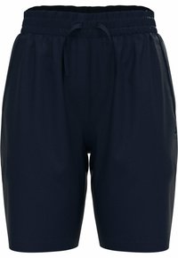 Tummansiniset shortsit, jotka on valmistettu kevyestä kankaasta, varustettu elastisella vyötäröllä ja kiristysnyörillä sekä yksinkertaisella, tasaisella designilla.