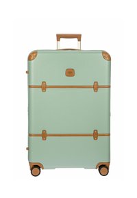 Valigia rigida verde menta con accenti in pelle marrone chiaro, due cinghie, angoli arrotondati e due ruote per una maggiore mobilità.