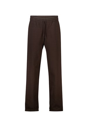 Bruine joggingbroek met elastische tailleband en trekkoord, rechte pijpen en elastische boorden bij de enkels.
