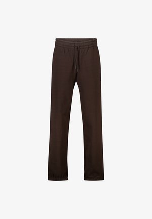 Pantalon de survêtement marron avec une ceinture élastique et un cordon de serrage, jambes droites et poignets élastiques aux chevilles.