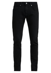Jeans negros ajustados con bolsillos delanteros, lazos para cinturón, cierre de botón y cremallera, exhibidos sobre un fondo blanco.