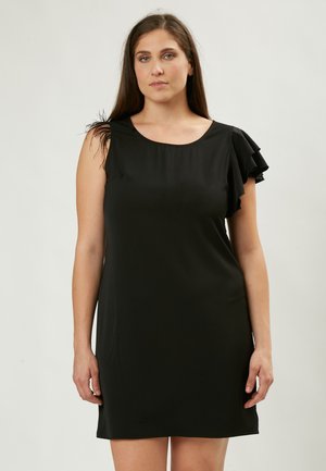 Schwarzes ärmelloses Kleid mit Rundhalsausschnitt, das über Rüschendetails an der Schulter und einen glatten, leichten Stoff verfügt.