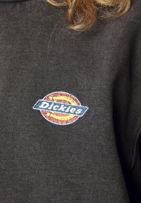 Pull gris foncé avec un petit logo coloré de la marque Dickies centré sur la poitrine sous des cheveux blonds bouclés.