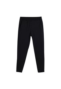 Zwarte sportbroek met een elastische tailleband, zijzakken en taps toelopende benen. Gemaakt van een gladde, rekbare stof.