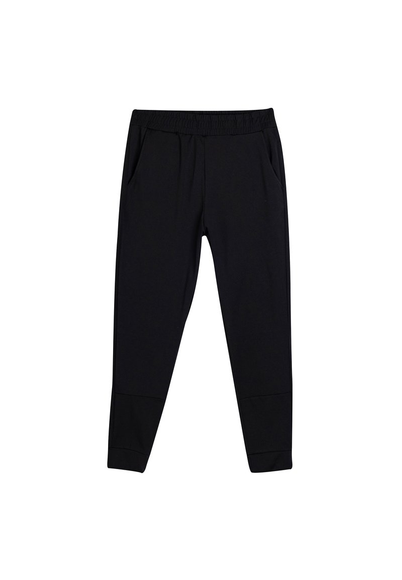 Zwarte sportbroek met een elastische tailleband, zijzakken en taps toelopende benen. Gemaakt van een gladde, rekbare stof.