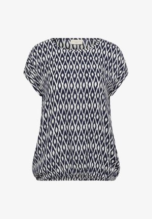 Blusa a maniche corte blu navy e bianca con scollo rotondo e motivo geometrico a diamante, orlo elasticizzato per una vestibilità arricciata.