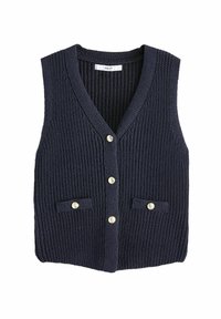 Navy plavi pleteni bezrukavni prsluk s V-izrezom, s pet zlatnih okruglih gumba i dva prednja džepa. Teksturirani rebrasti dizajn.
