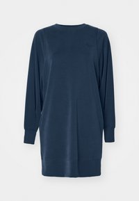 Ναυτικό μπλέ φόρεμα με μακριά μανίκια και στρογγυλή λαιμόκοψη, απαλή υφή και άνετη εφαρμογή. Διαθέτει διακριτική κεντημένη λεπτομέρεια στο μπροστινό μέρος.