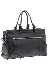 Schwarze Lederhandtasche mit doppelten Griffen und geknoteten Akzenten, einer mit Reißverschluss versehenen Fronttasche und einem abnehmbaren Schultergurt. Glatte Textur.