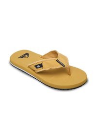 Gul flip-flop sandal med texturerad rem, svart gummisula och logotypaccent. Har en tåpost och fransade kanter på remmen.