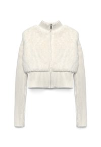 Giacca accorciata con lunghe maniche a costine, caratterizzata da un corpo in finta pelliccia bianca e collo alto. Chiusura con zip sul retro.