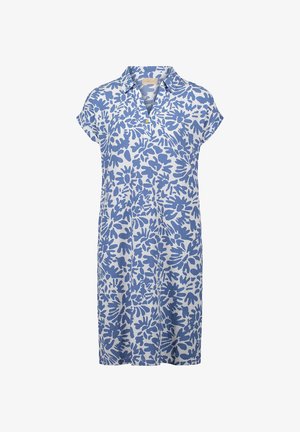 Blue and white floral print short-sleeve dress with a collar and V-neck, made of textured fabric.