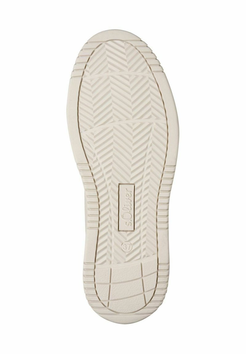 Sohle eines Schuhs mit einem strukturierten Muster, hauptsächlich in off-white. Verfügt über ein zentrales Logo und einen abgerundeten Absatz.