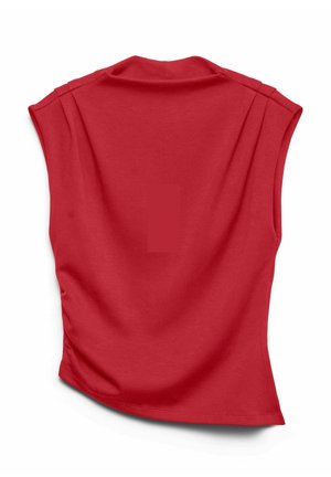 Czerwony top bez rękawów z okrągłym dekoltem, gładką teksturą i ozdobnym marszczeniem z tyłu. Tkanina wydaje się lekka i elastyczna.