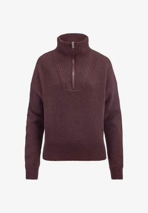 Bordeaux pullover trui met een halve ritssluiting aan de kraag, geribbelde textuur bij de hals en onderrand, en losvallende mouwen. Zacht, gebreid materiaal.