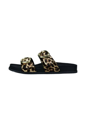 Leopard print sandals with two black straps, featuring gold circular buckles, and textured black sole for grip.