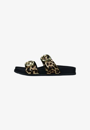 Leopard print sandals with two black straps, featuring gold circular buckles, and textured black sole for grip.