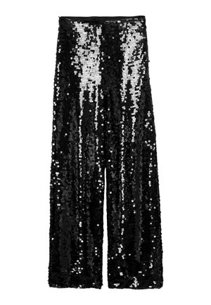 Schwarze weit geschnittene, glitzernde Hosen mit einem Muster aus silbernen Pailletten für einen schimmernden Effekt, mit einem glatten Taillenbunddesign.